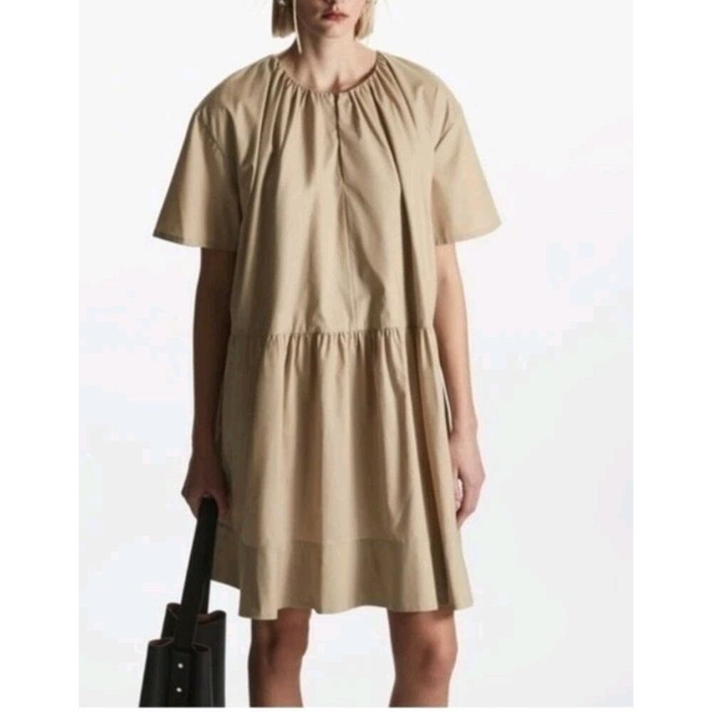 COS Beige Oversized Tiered Short Sleeve Midi Dress Size 8 Minimalist Normcore